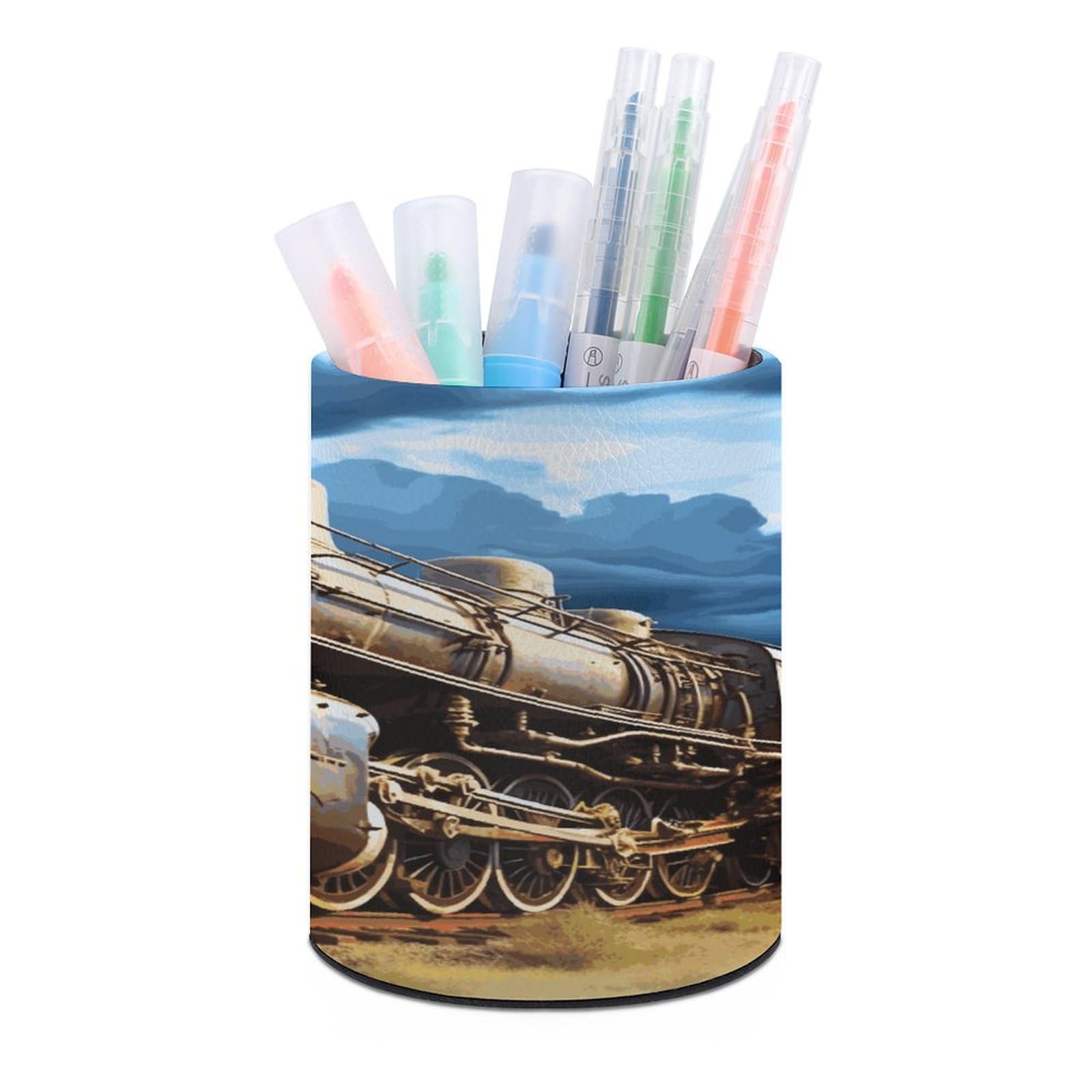 MUSM Locomotive Pen Holder Large Capacity Pen Holder Modern PU Pencil Holders Durable Waterproof Pens Cup for Home Office Desktop Organizer