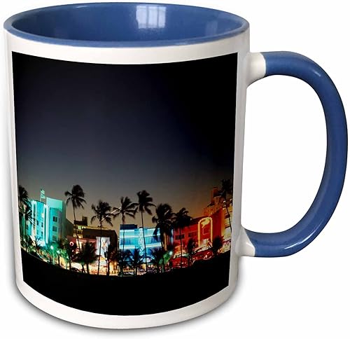 3dRose USA Florida Miami Beach Ocean Drive Art Deco Hotels at Dusk Taza de dos tonos, 11 onzas, azul