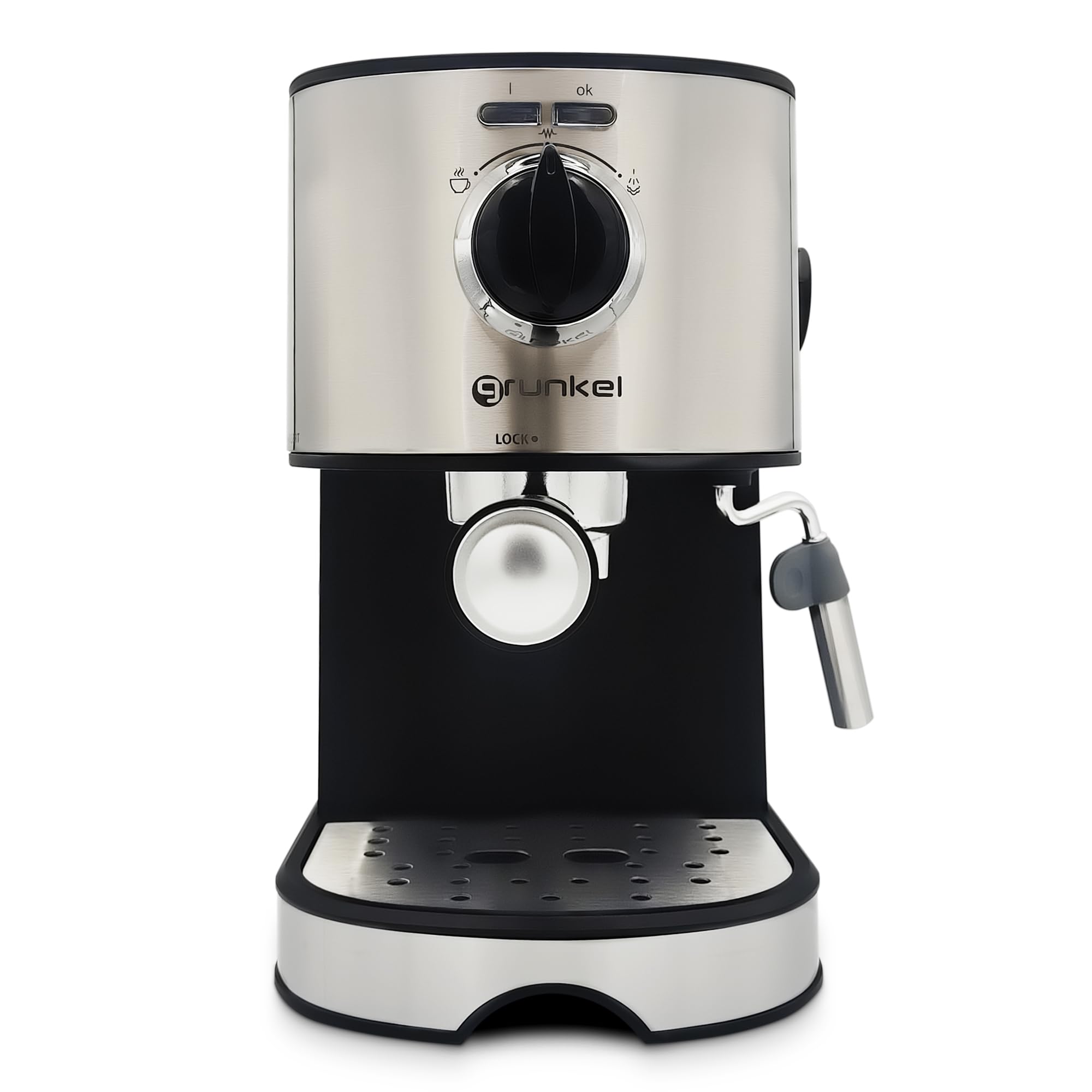 Grunkel - Cafetera Espresso de 15 bares presión - CAFPRESO H15 - y Vaporizador orientable y Filtro Doble Salida en acero inoxidable. Bandeja antigoteo y protección Sobrecalentamiento. 1L 850W