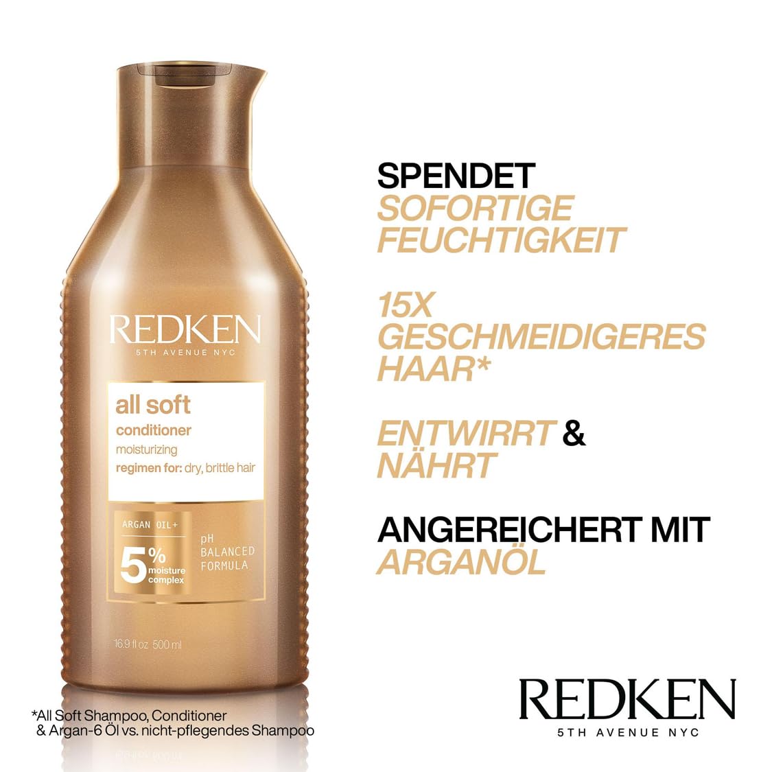 Redken XL Pflegeset für trockenes und brüchiges Haar, Belebt und hydratisiert, Mit Omega-6 und Argan-Öl, All Soft Shampoo 500 ml & Conditioner 500 ml