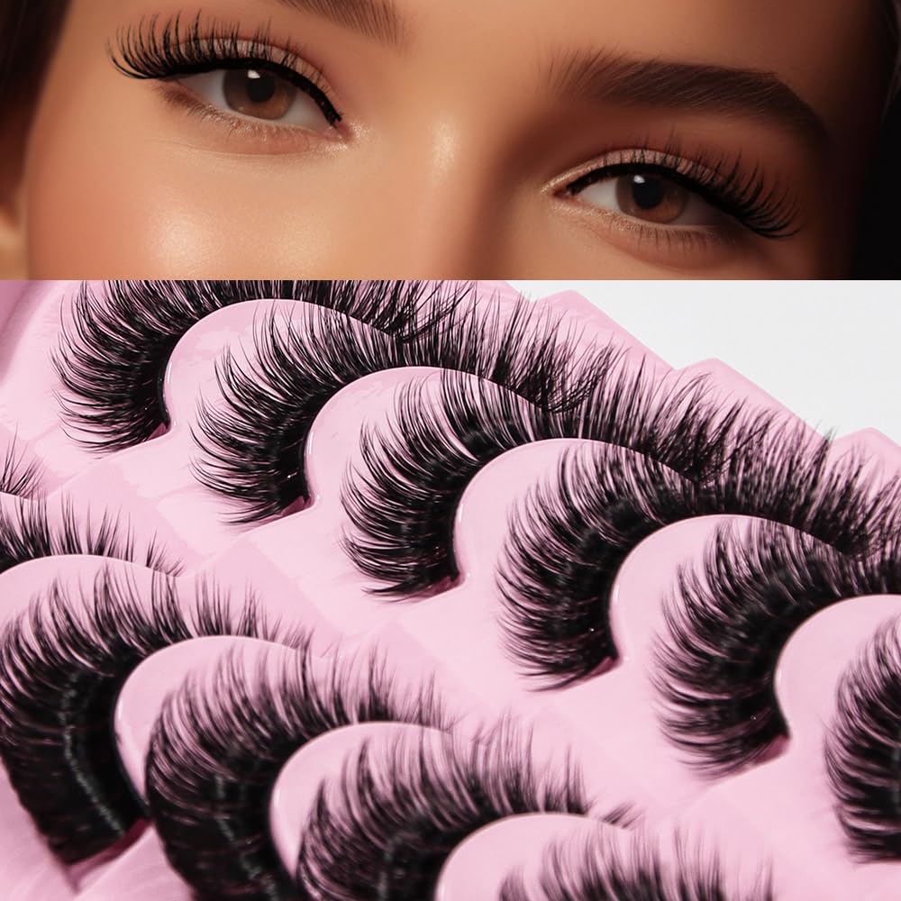 Russian Strip Lashes 7 Pairs Fluffy Wispy Faux Mink Eyelashes Cat Eye Natural Look D Curl False Lashes-R02