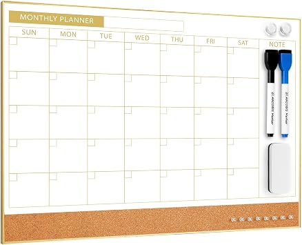 ARCOBIS Dry Erase Calendar with Cork Board for Wall | 11.6"x 15.7" Magnetic Calendar Whiteboard with Gold Frame, Monthly Combination Board for School, Home, Office