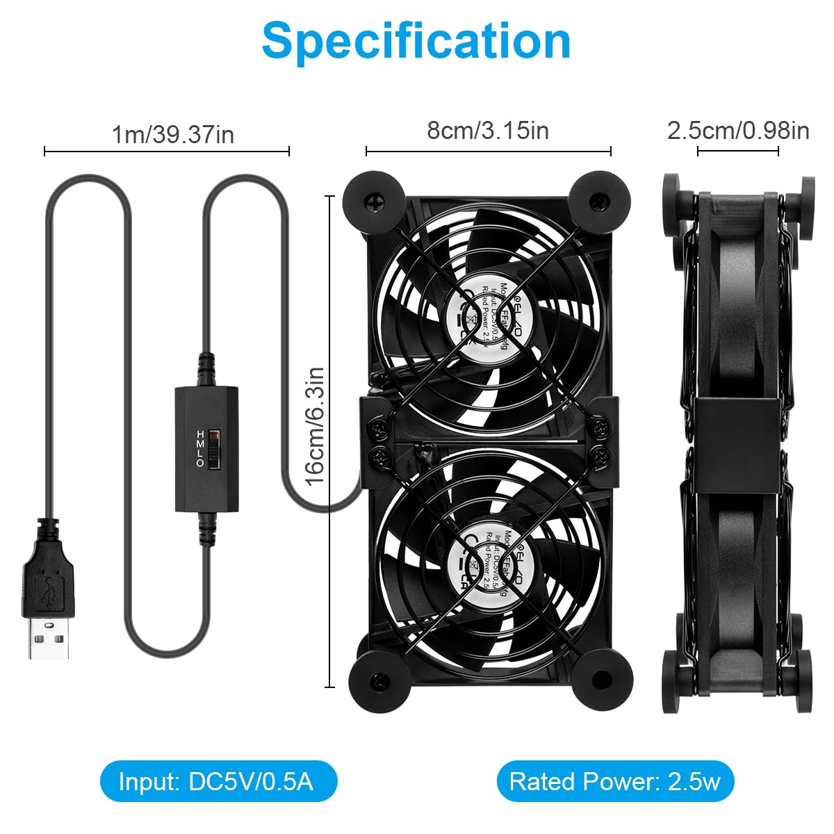 ELZO USB Ventole PC 2 in 1 Ventola 80 mm, Portatile Ventilatore per Computer con 3 velocità Regolabili,Ventola di Raffreddamento Elettronica per Laptop/TV Box/Armadio AV/PS4/Router