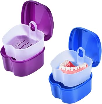 KISEER 2 Pack Colors Denture Bath Case Cup Box Holder Storage Soak Container with Strainer Basket for Travel Cleaning Blue and Purple