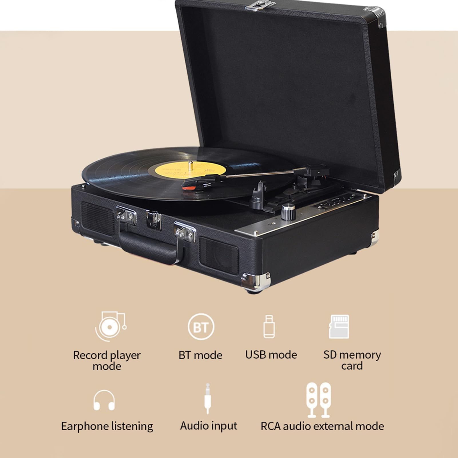 Jeffergarden Giradischi Fonografico Vintage con BT, Uscita da 3,5 Mm, USB, TF, SD, Supporto 33/45/78 Giri/min, Trasmissione a Lungo Raggio di 10 M per Dischi in Vinile da 7/10/12 Pollici (BLACK)