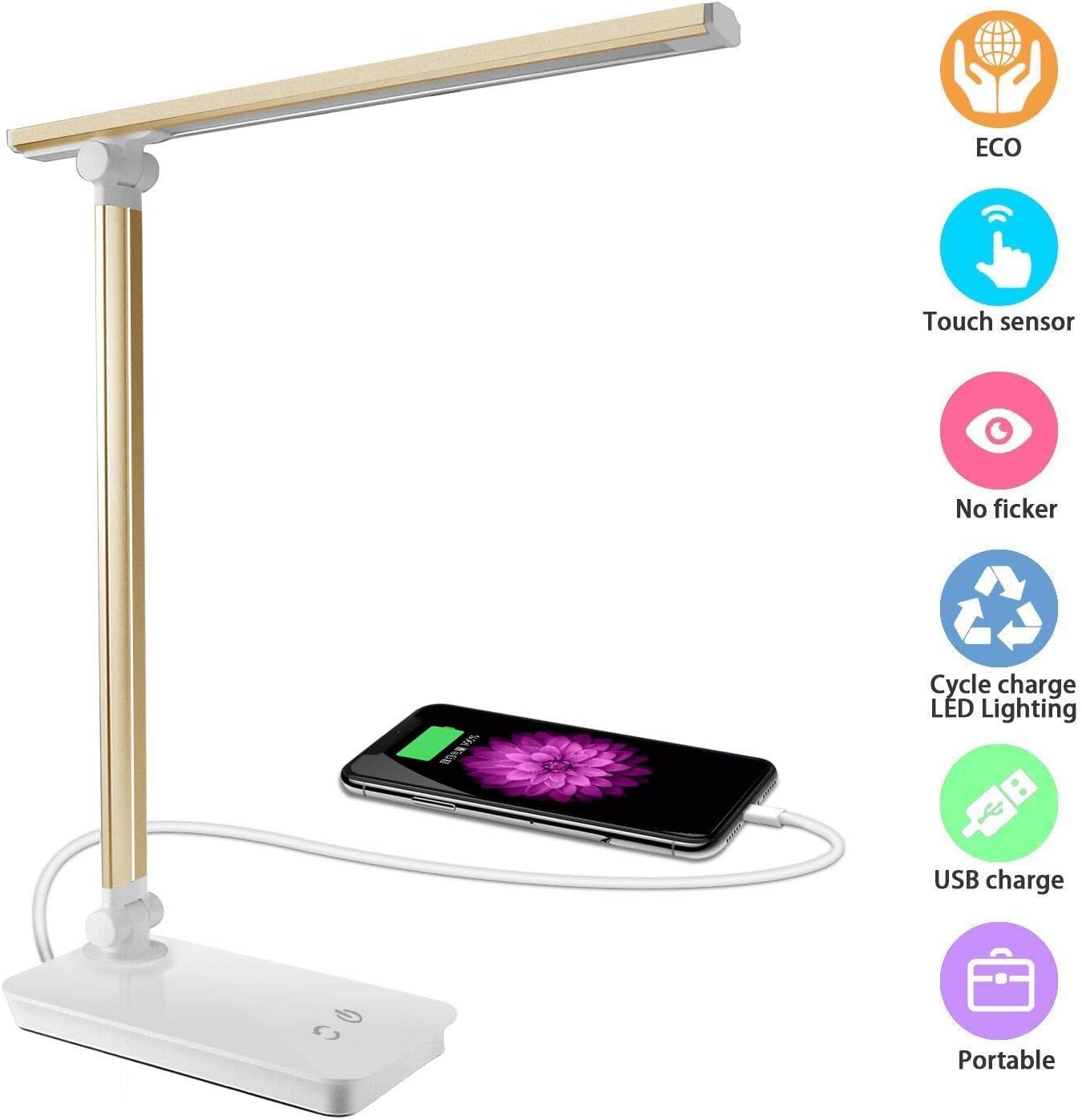 DAMIGRAM LED Desk Lamp, 3 Brightness Levels, 5 Different Color Modes, Foldable Touch Dimmable Table Lamp, Sensitiv Touch Control, Eye Protection and USB Charging Port, for Work, Study, Office, Bedroom (Gold)