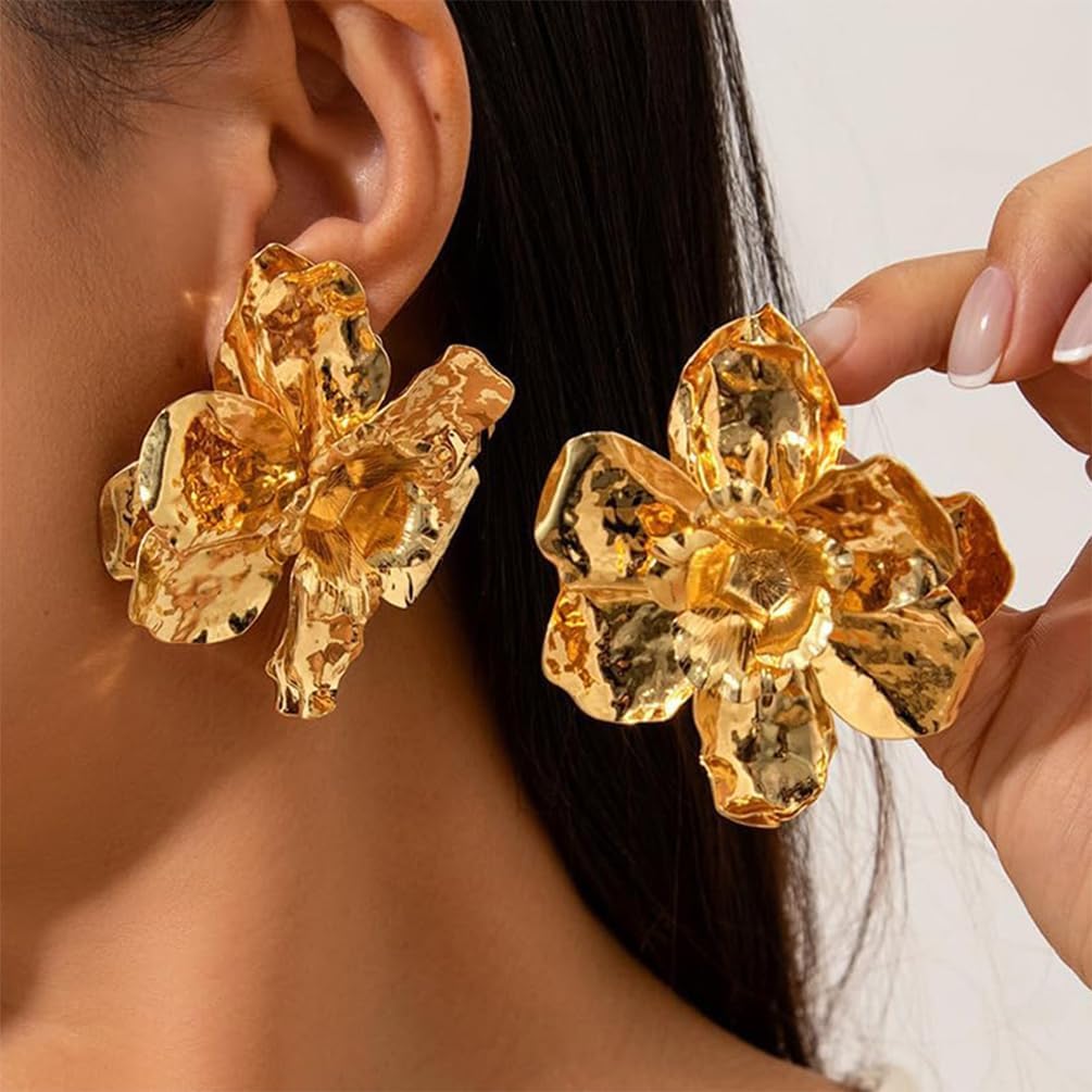 Big Gold Metal Flower Statement Earrings for Women Dainty Retro Large Irregular Geometry Floral Stud Earring Exaggerated Punk Y2k Party Prom Jewelry Gifts - Image 7