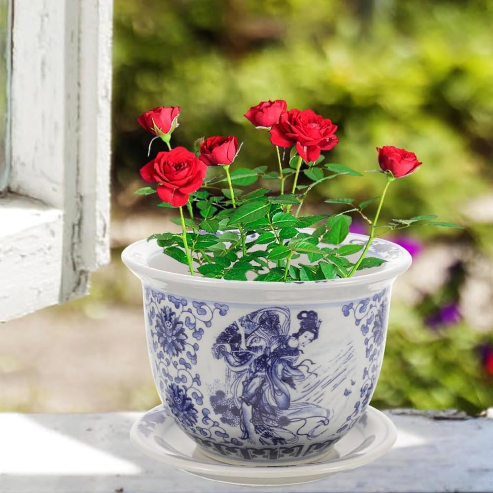 Niebiesko-biała ceramiczna doniczka z otworem drenażowym i spodkiem, dekoracyjna doniczka na rośliny doniczkowe-17,00X17,00X12,00 cm