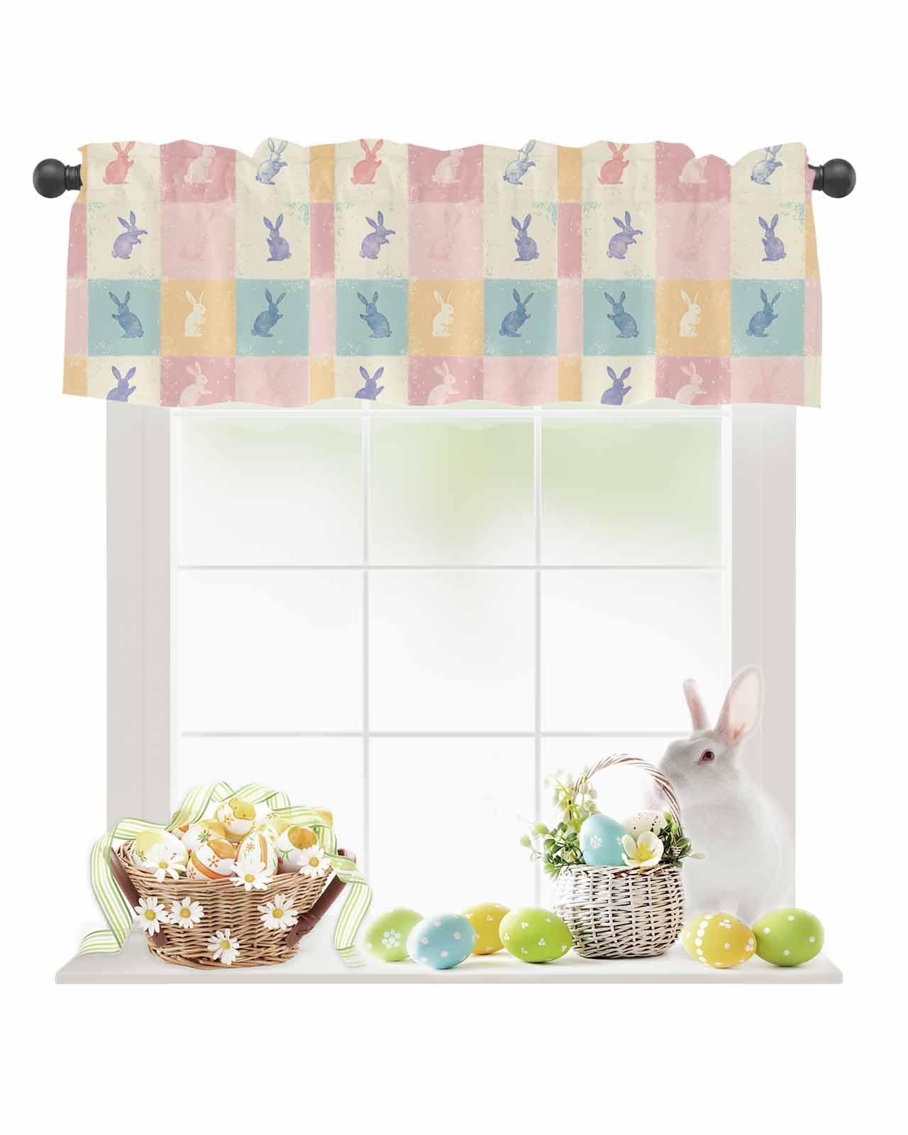 ALAGEO Easter Valances for Windows Rabbit Print Kitchen Curtain Valances Rod Pocket Vintage Style Window Treatment Short Topper Curtains for Bedroom