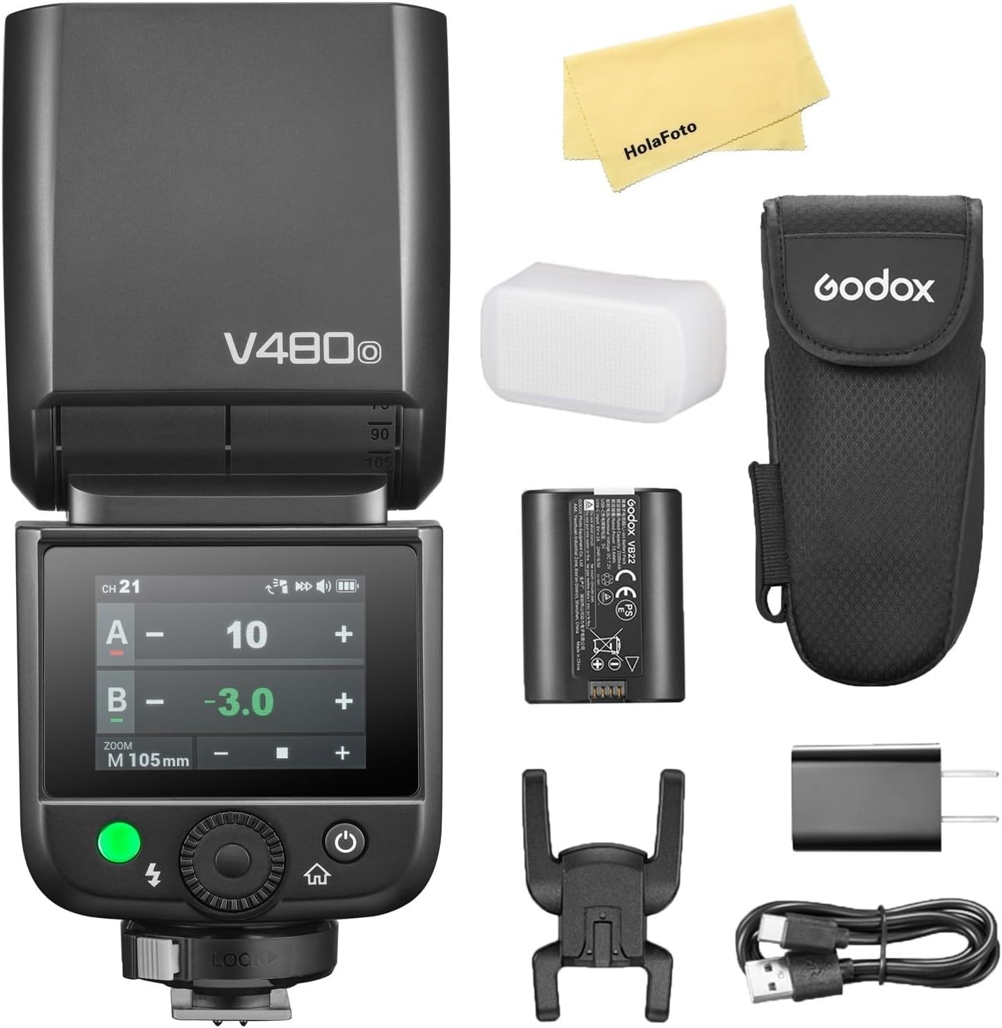 Godox V480O Flash TTL para Olympus Cámara Speedlite, GN50, Batería de Iones de Litio de 7,2 V/2200 mAh, 650 Destellos a Máxima Potencia, Tiempo de Recarga de 1,7s,Lámpara de Modelado LED de 10 Niveles