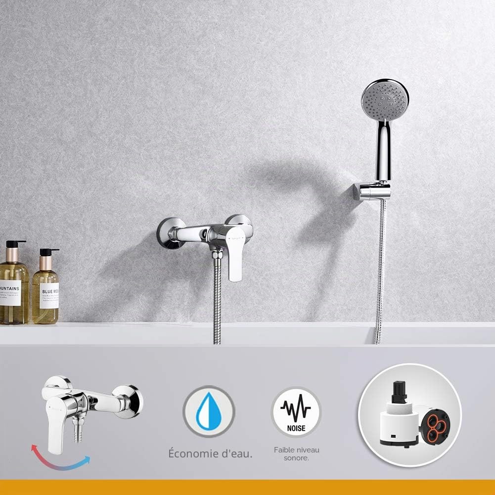 Ibergrif M12057, Mitigeur Douche avec Douchette et Flexible de Douche et Support - Robinet Douche Universel Filetage G1/2, Mitigeur Douche Mural, Flexible, Laiton, Chromé