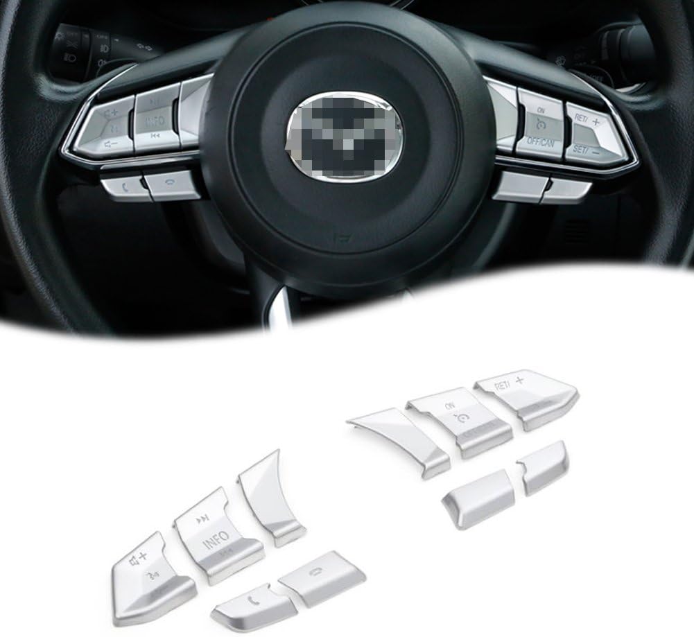 GTINTHEBOX 10pcs/Set ABS Chrome Silver Interior Steering Wheel Panel Button Trim Cover Sticker For 2017-2018 Mazda 3 Axela, CX-5, CX-9 & 2018 Mazda 6, CX-3, CX-4, Atenza (Come w/10pcs or 8pcs Buttons)
