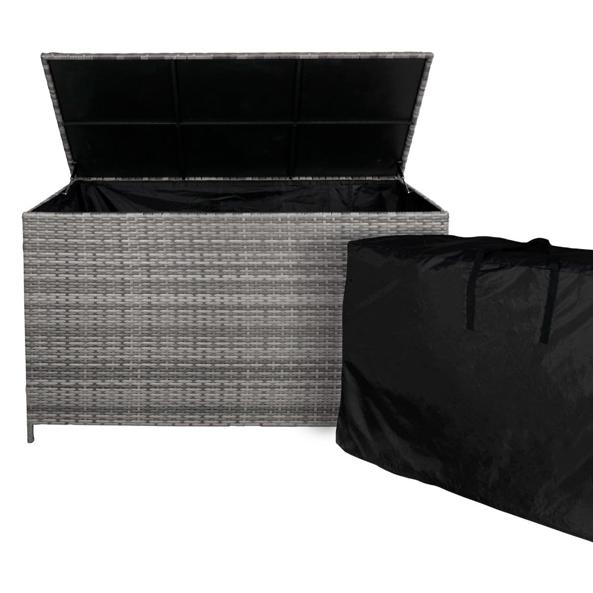 Monster Shop Grey Rattan Garden Storage Box & Waterproof Carry Bag Large Cushion Blanket Tools Toys Furniture Chest 582L Outdoor Patio Deck Steel Frame Uv & Weather Resistant Gas Assisted Lift Lid Portable Wheels