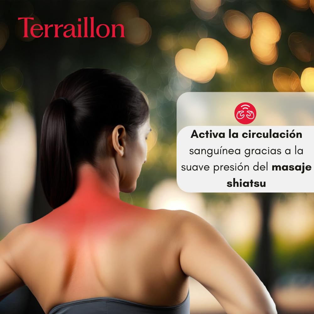 TERRAILLON – NECK MASSAGER, Cojín masaje cuello y cervical, relajante, reducción de tensiones, antiestrés, 3 velocidades de masaje, 2 direcciones de rotación, opción calefactora, correa ajustable,