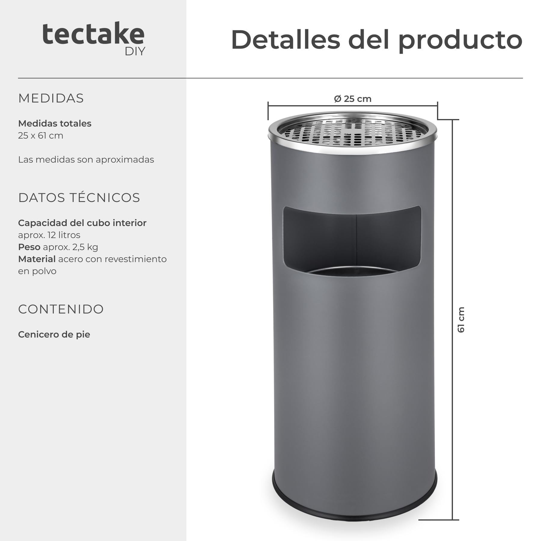 tectake® Cenicero de Pie y Cubo Interior Extraíble, Antideslizante, Metal Resistente, Papelera Oficina, Cenicero Exterior, Ceniceros, Papelera Exterior - Antracita