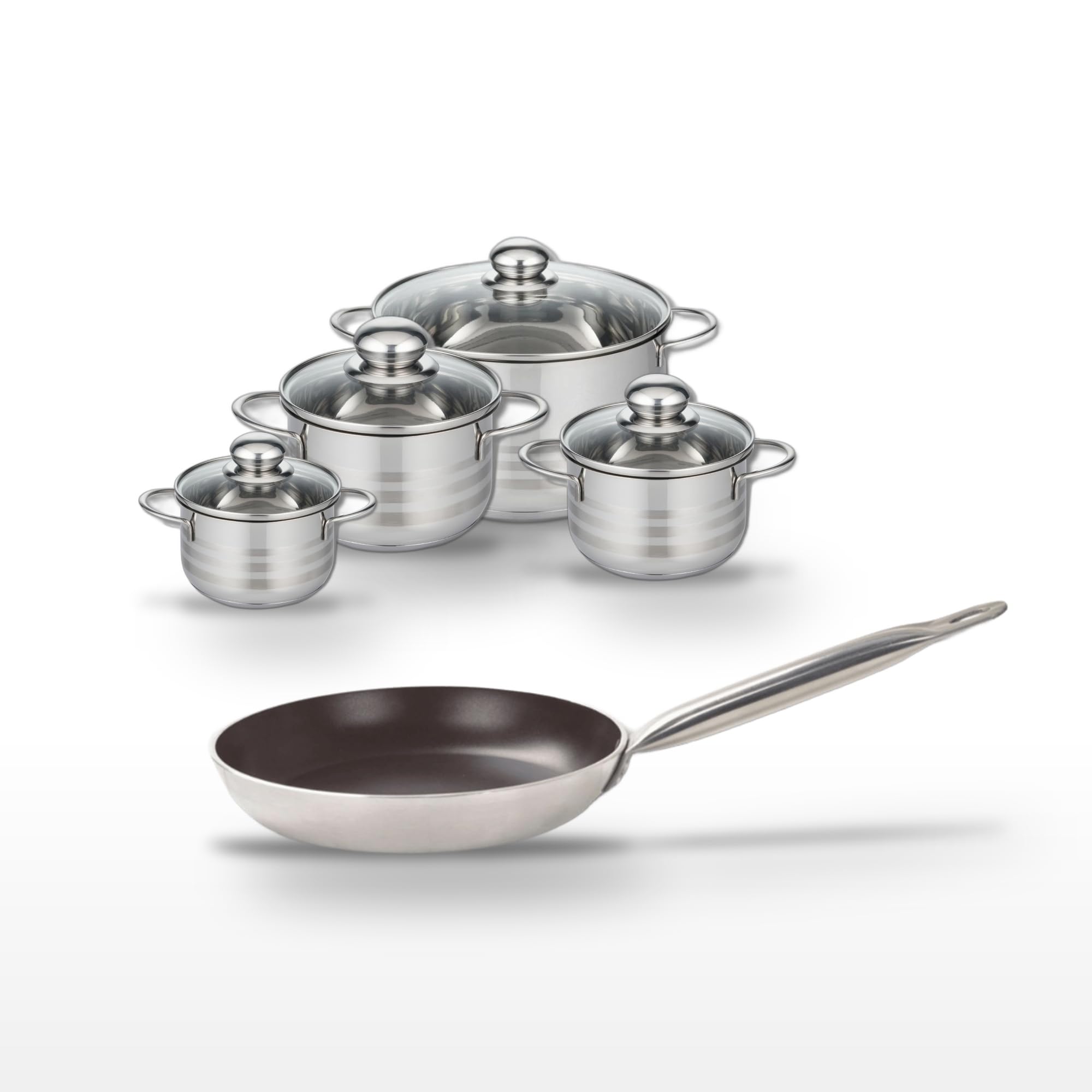 Elo Batterie cuisine poêle 28 cm et 4 faitouts 12/14/16/20 cm | Lot complet pour équiper la cuisine, Poêle 28 cm et 4 faitouts, Cuisson sur tous feux, Inox et aluminium, Passe au four