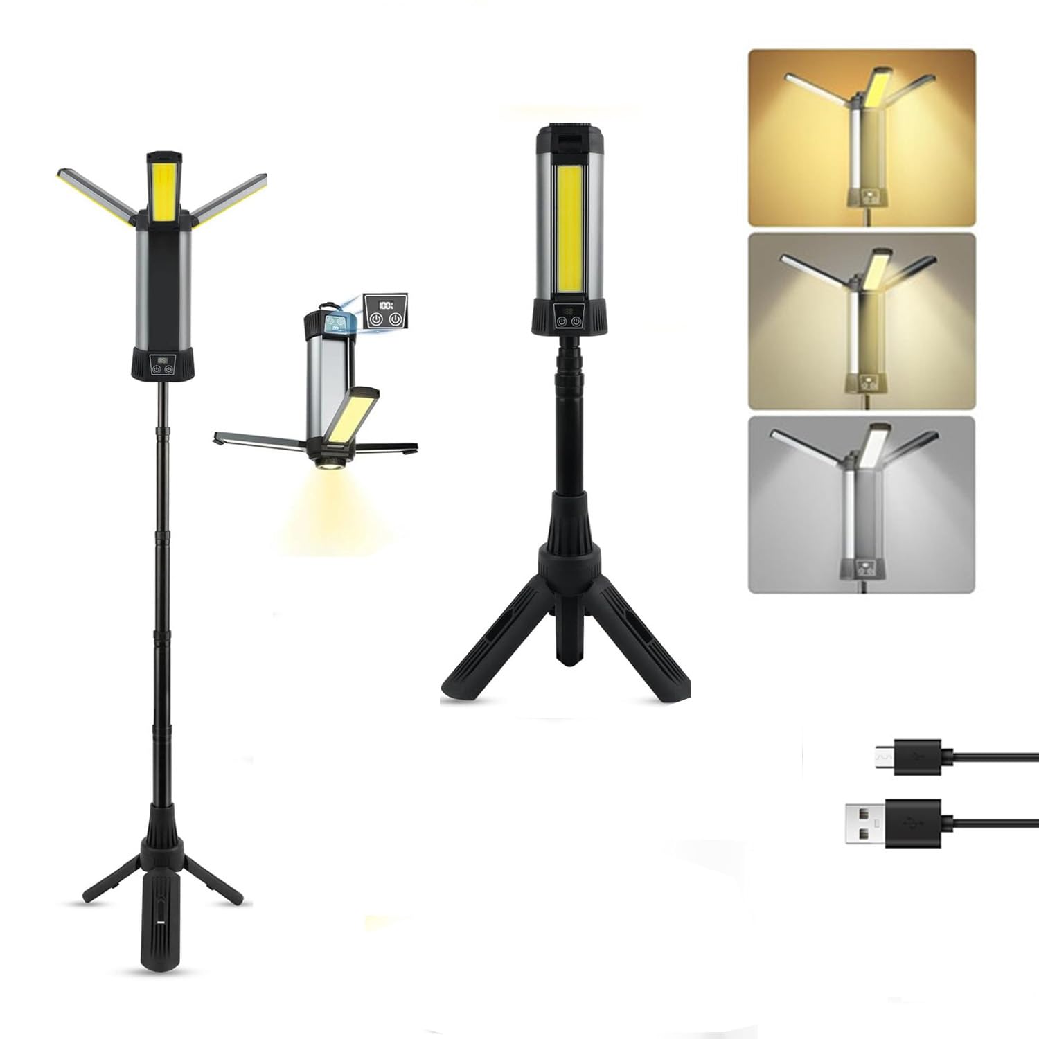 Rechargeable LED Camping Light Outdoor | Work Light with Tripod Stand | 360° Foldable Rotatable | Digital Display | Dimmable Brightness | 6000mAh Battery | Camping Light with Stand, Portable