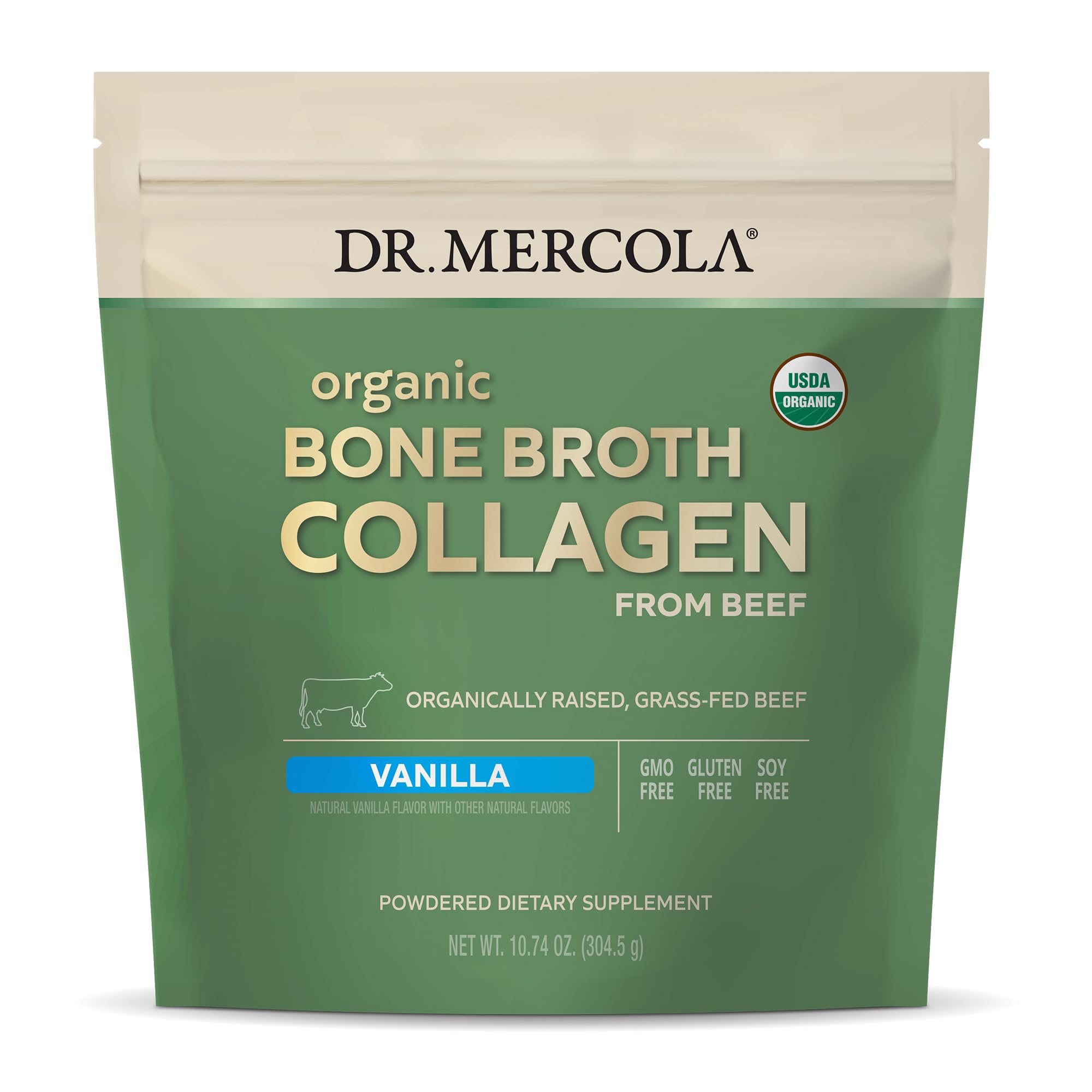 Dr. Mercola Organic Collagen Powder from Grass Fed Beef Bone Broth Vanilla, 30 Servings (30 Scoops), (10.74 Oz. per Bag), Non GMO, Soy Free, Gluten Free