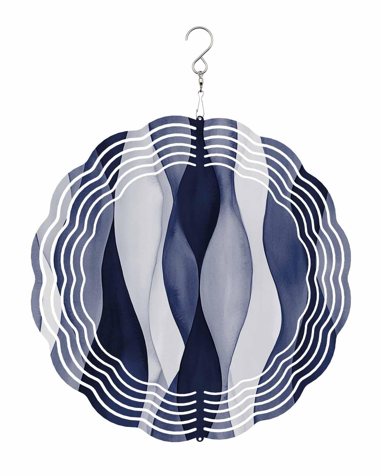 Abstract Wind Spinners, Dark Blue Gradient Ripple Hanging Wind Spinners for Yard and Garden 3D Stainless Steel Metal Sculptures Crafts Ornaments 10 Inch