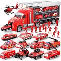 JOYIN 14 in 1 Die-cast Truck Vehicle Toy Set, Play Vehicles Set with Sounds and Lights in Carrier Truck, Push and Go Vehicle Car Toy, Kids Birthday Gifts for Over 3 Years Old Boys