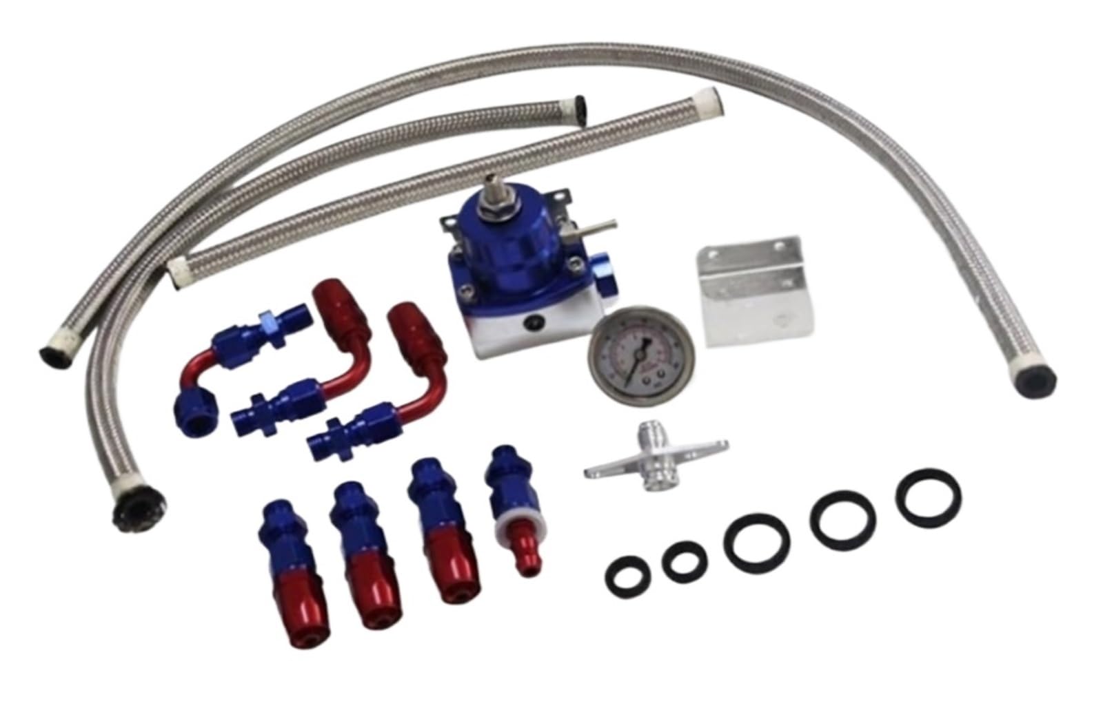 Einstellbarer Kraftstoffdruckregler aus Aluminium 0-100 psi mit Manometer, AN6-Anschlüssen und Edelstahlleitung for EFI-Motortuning for Straßen- oder Schienenfahrzeuge(Blue+Red)