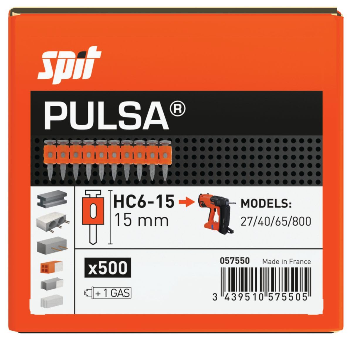 Chiodi per Sparachiodi Chiodatrice a Gas Pulsa 27P 40P 65 Alta Durezza Calcestruzzo Acciaio Guide Cartongesso (HC6-15 (15mm), 500 pz scatola)