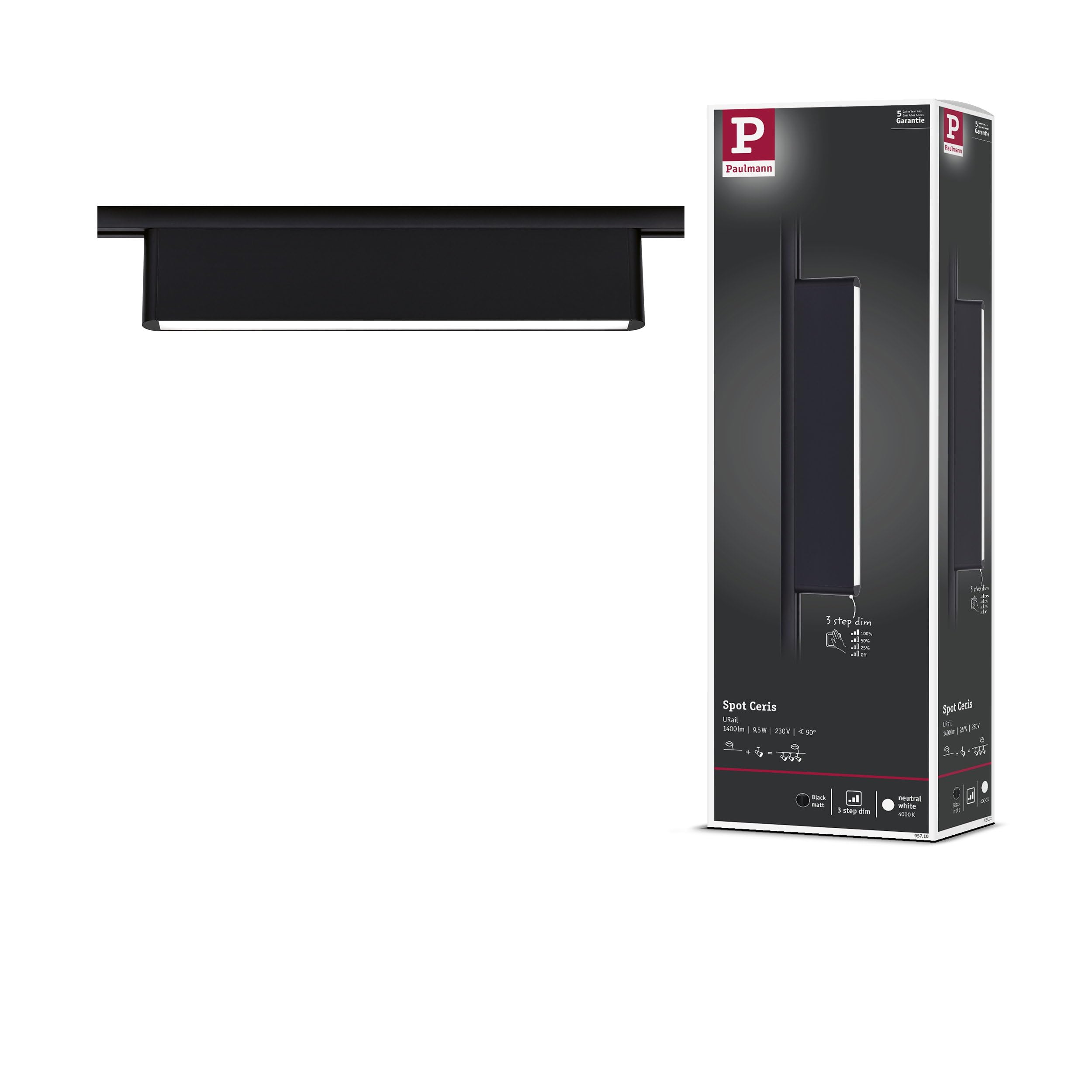 Paulmann 95710 URail Lightbar 3-Step-Dim Ceris 850lm 9.5W 4000K dimmerabile 230V Nero opaco