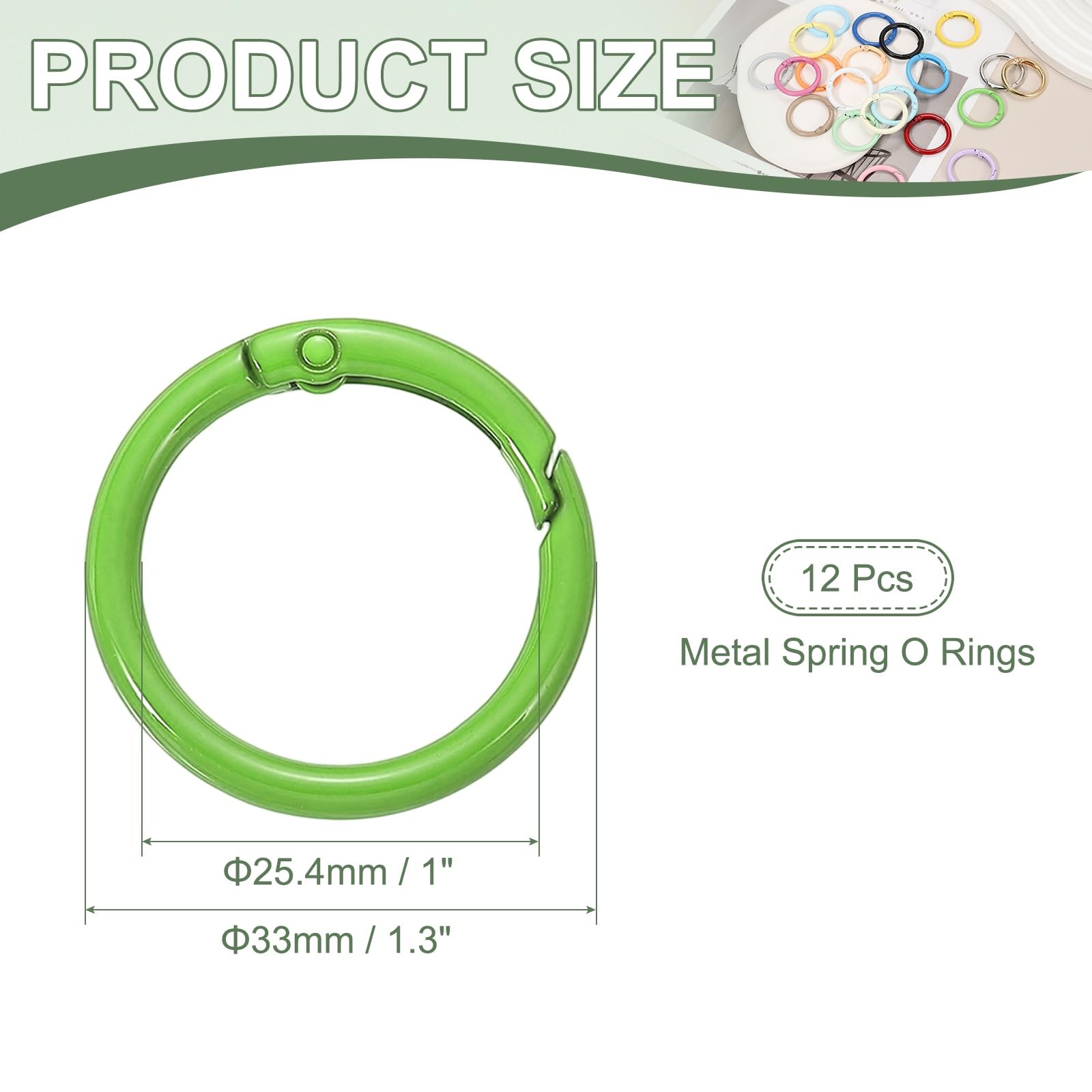 YELARXI Metal Spring O Rings, Round Spring Snap Keyring Colorful - Fitting for (Keychain - Handbag - Bag - Purse - Lanyard - DIY Crafts) 12 Pack & 1.3 Inch & Green - Image 2