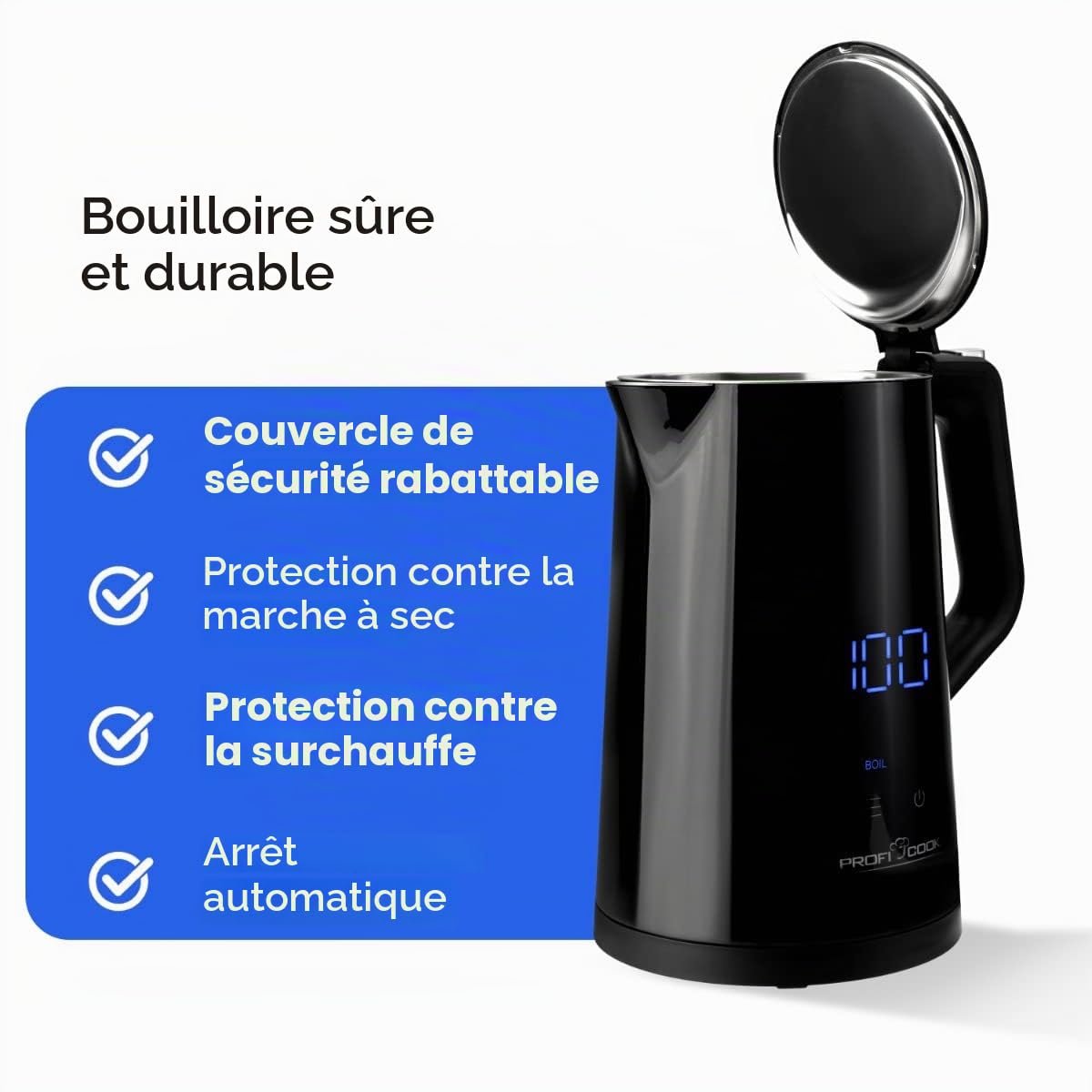 ProfiCook® Bouilloire avec réglage de la température 1,7 litre - Choix de la température 50°-100°C, fonction maintien au chaud, théière avec réglage de la température - PC WKS 1243