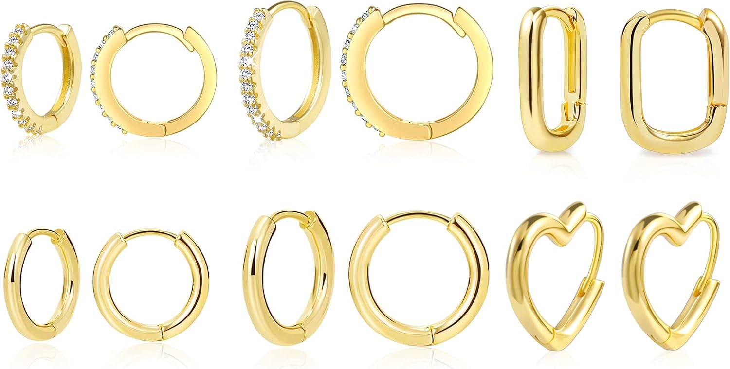 14K Gold Plated Huggie Hoops Set - Small Gold Hoop Earrings with Diamonds for Women & Girls