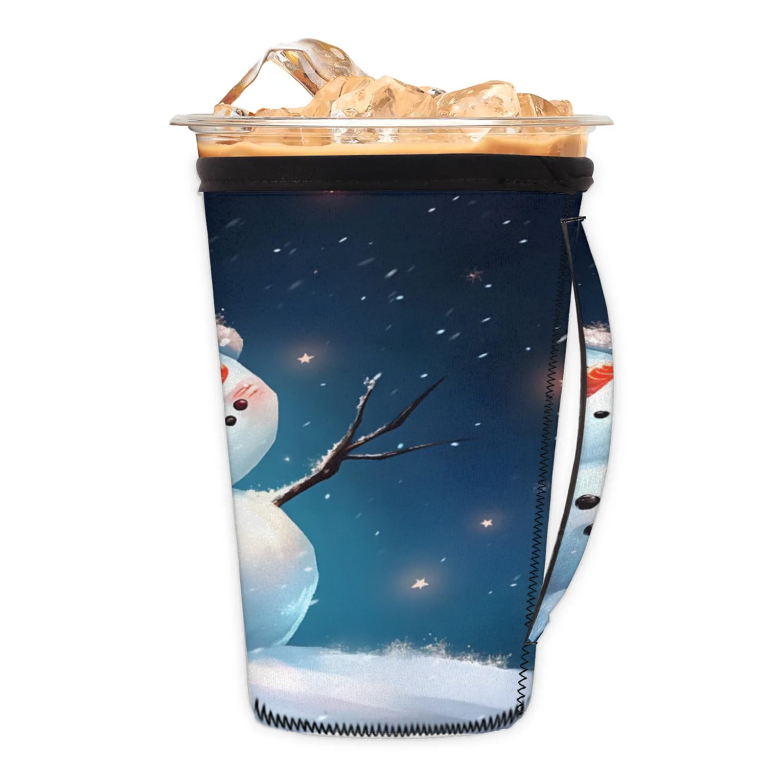Snowman Night Reusable Neoprene Coffee Sleeve with Handle Insulated Iced Coffee Cup Holder Reduces Condensation Fits 24-28 oz Cups M