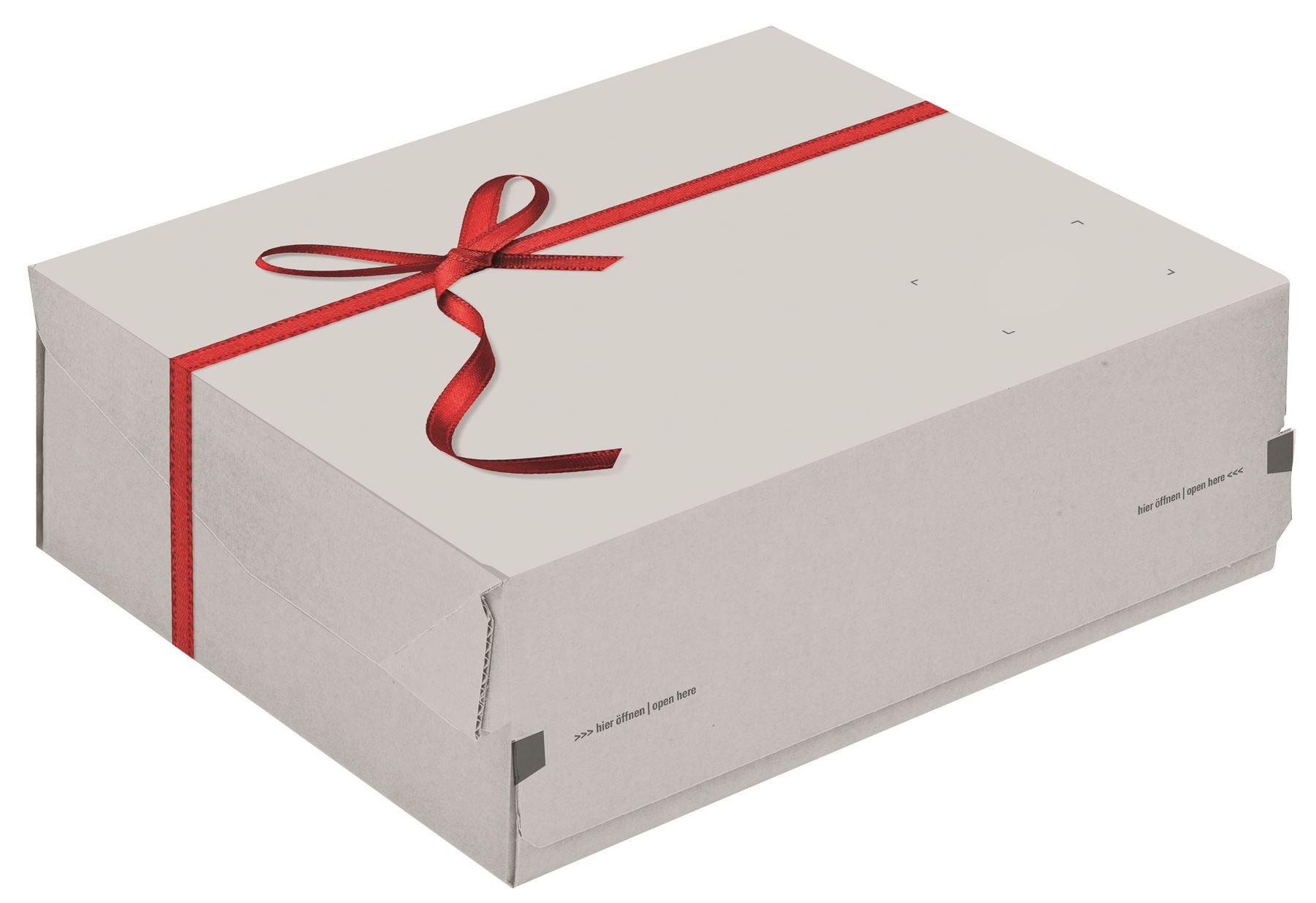 ColomPac CP068.92/02 Geschenkbox mit roter Schleife bedruckt aus Wellpappe mit Selbstklebeverschluss und Aufreissfaden, weiß