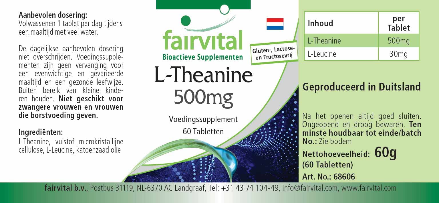fairvital L-teanina 500 mg, 60 compresse, ALTO DOSAGGIO, VEGANO, aminoacido, facile da deglutire