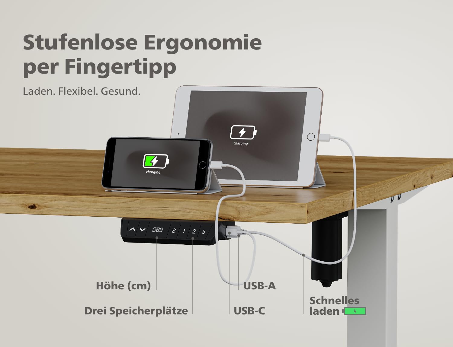 KRIEG HighDesk SMART Home Elektrisch Höhenverstellbarer Schreibtisch 160 x 70 cm I Weiß + Eiche – Ergonomischer Steh-Sitz-Tisch mit Memory-Funktion & USB-A/C Charging – Leiser Motor, Kollisionsschutz