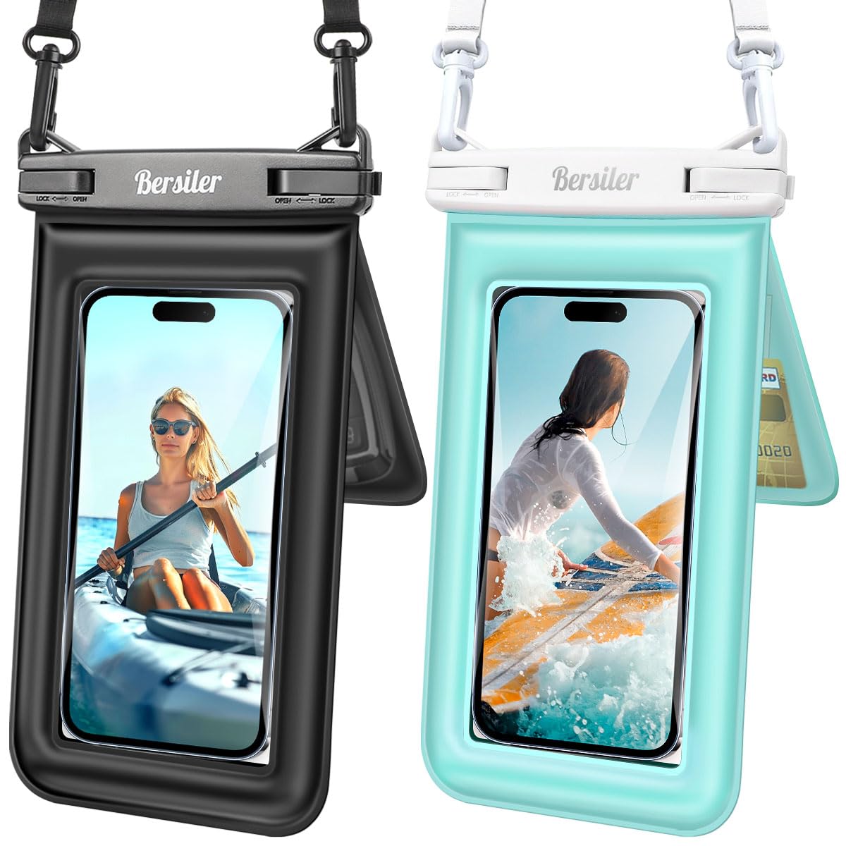 Bersiler Floating Waterproof Phone Pouch 2 Pack, IPX8 Waterproof Phone Case with Double Space, Beach Cruise Vocation Essentials, Underwater Cell Phone