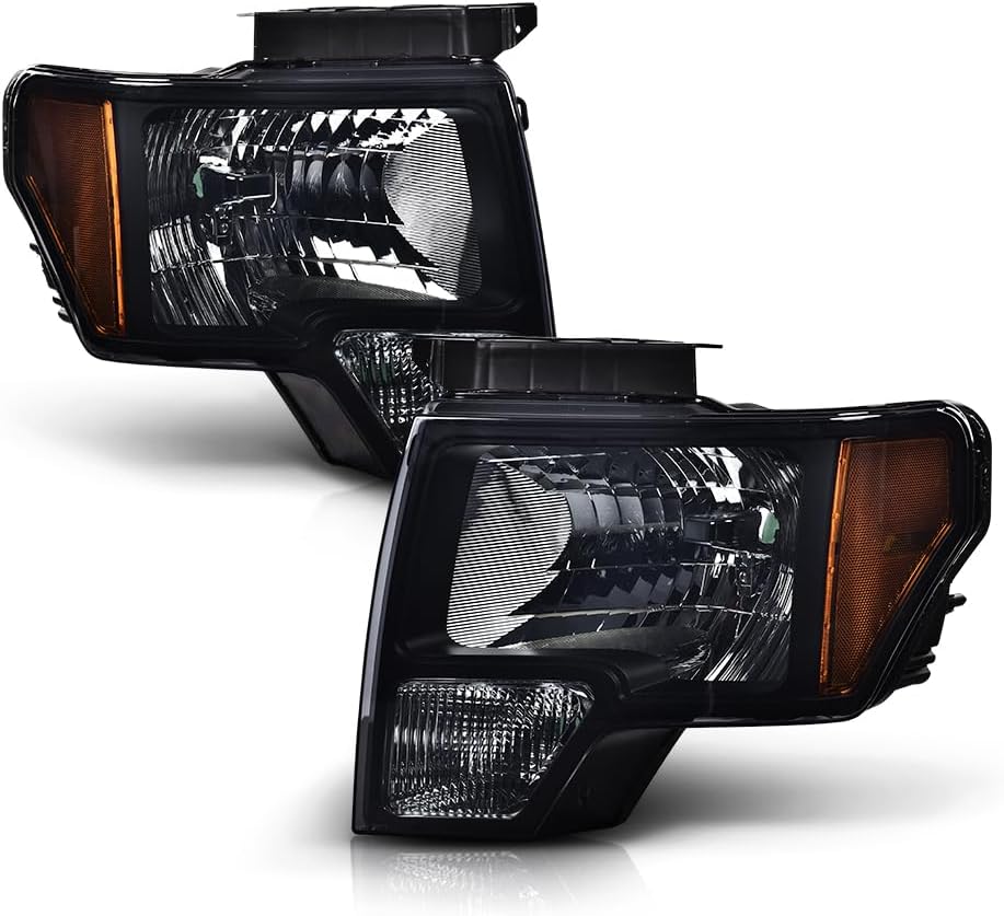 Headlights Assembly, Compatible with 2009-2014 Ford F150 09-14 Headlamp, Driver and Passenger Side, Smoky lens Black Housing Amber Reflector,Not Fit Led Style,Only Fit Without Led Style