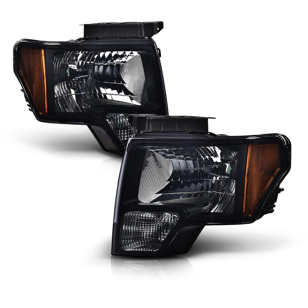 DOTCOM Headlights Assembly, Compatible with 2009-2014 Ford F150 09-14 Headlamp, Driver and Passenger Side, Smoky lens Black Housing Amber Reflector,Not Fit Led Style,Only Fit Without Led Style