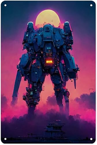 Letrero de metal de 12 x 8 pulgadas - Synthwave Mecha - Placa de metal para póster, para cafetería, bar, decoración de pared del hogar