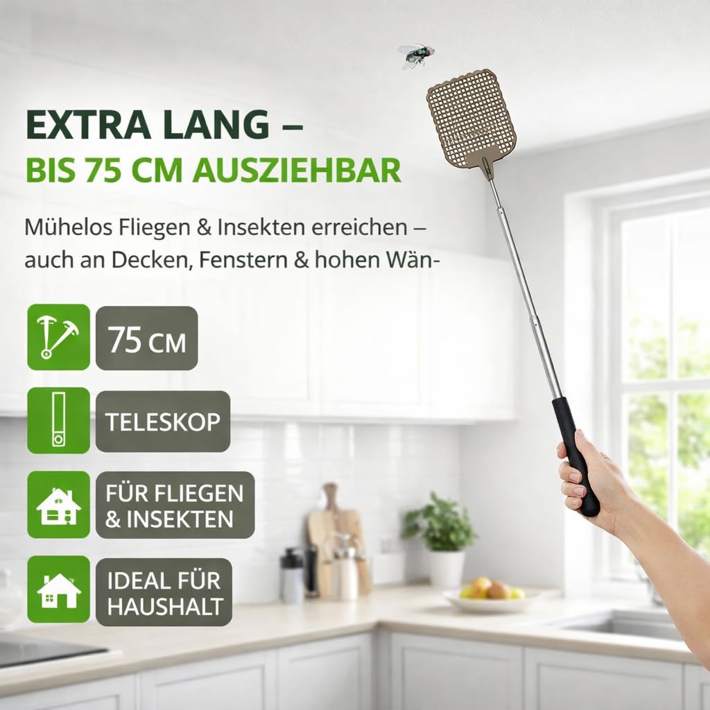 2 scacciamosche XXL 75 cm estensibili – Scacciamosche con telescopio per mosche e insetti – acchiappamosche e insetti come protezione per mosche