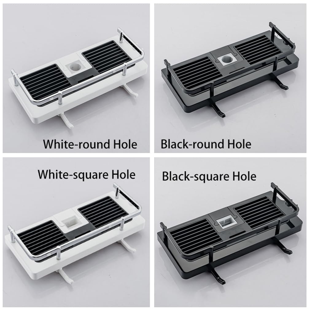 Estante de ducha elevable, estante de almacenamiento adhesivo sin taladro, fácil de instalar, soporte para barra de ducha sin perforaciones, accesorio moderno de agujero cuadrado blanco