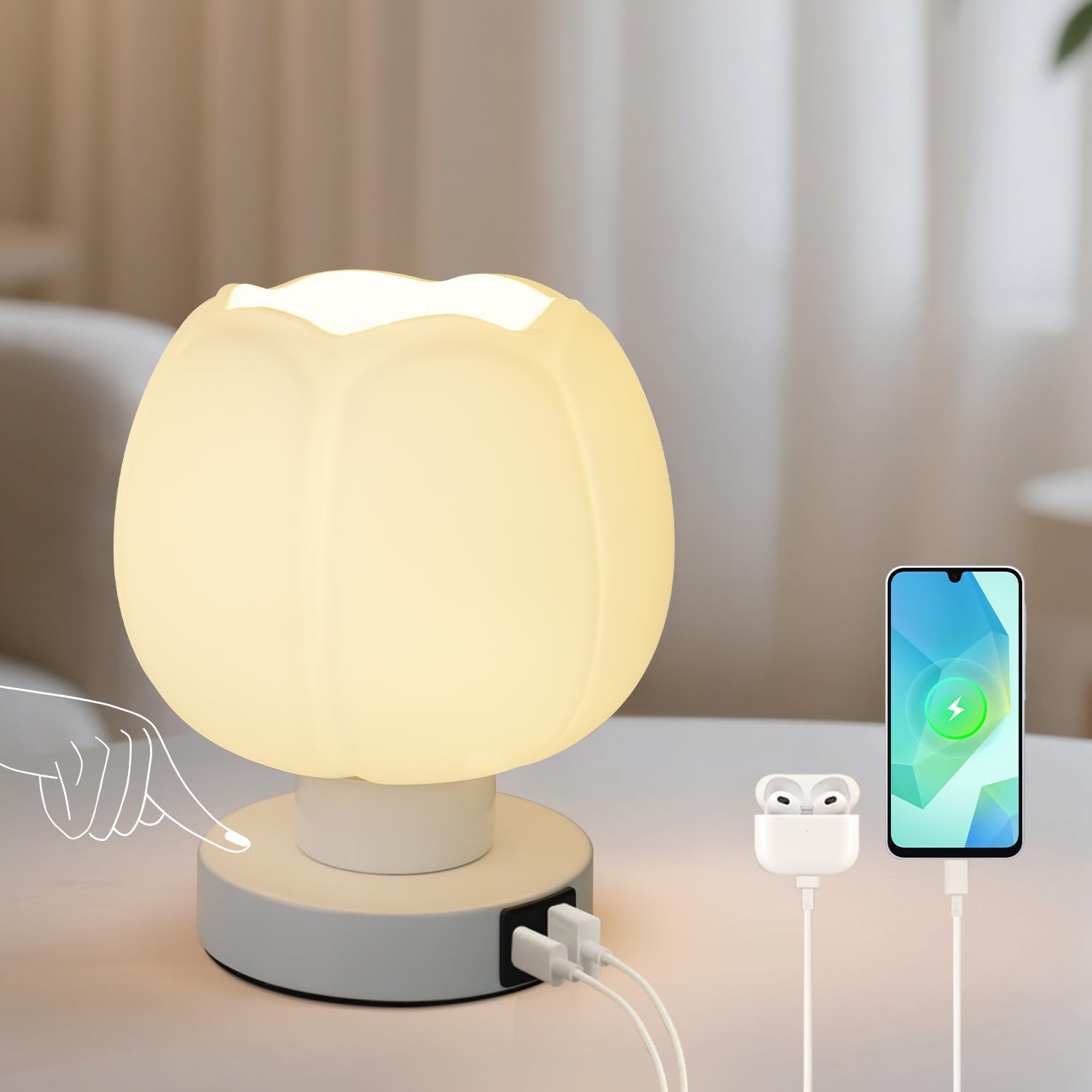 Komothala Touch Bedside Lamp wtih USB C+A Charging Ports,Tulip