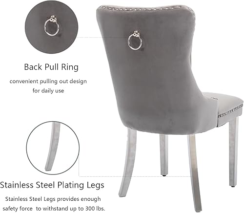 Miniatura 73 de Juego de 4 sillas de comedor de terciopelo beige, sillas de comedor tapizadas con adorno de tirador de anillo trasero y patas de madera maciza,