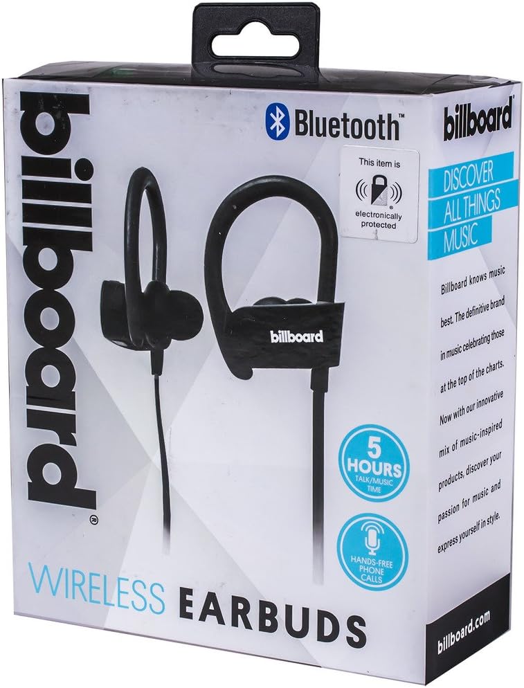 د بلبورډ بلوتوث بېسیم هوک اوور ایربډز بسته بندۍ نږدې انځور، د ځانګړتیاوو تفصیل.