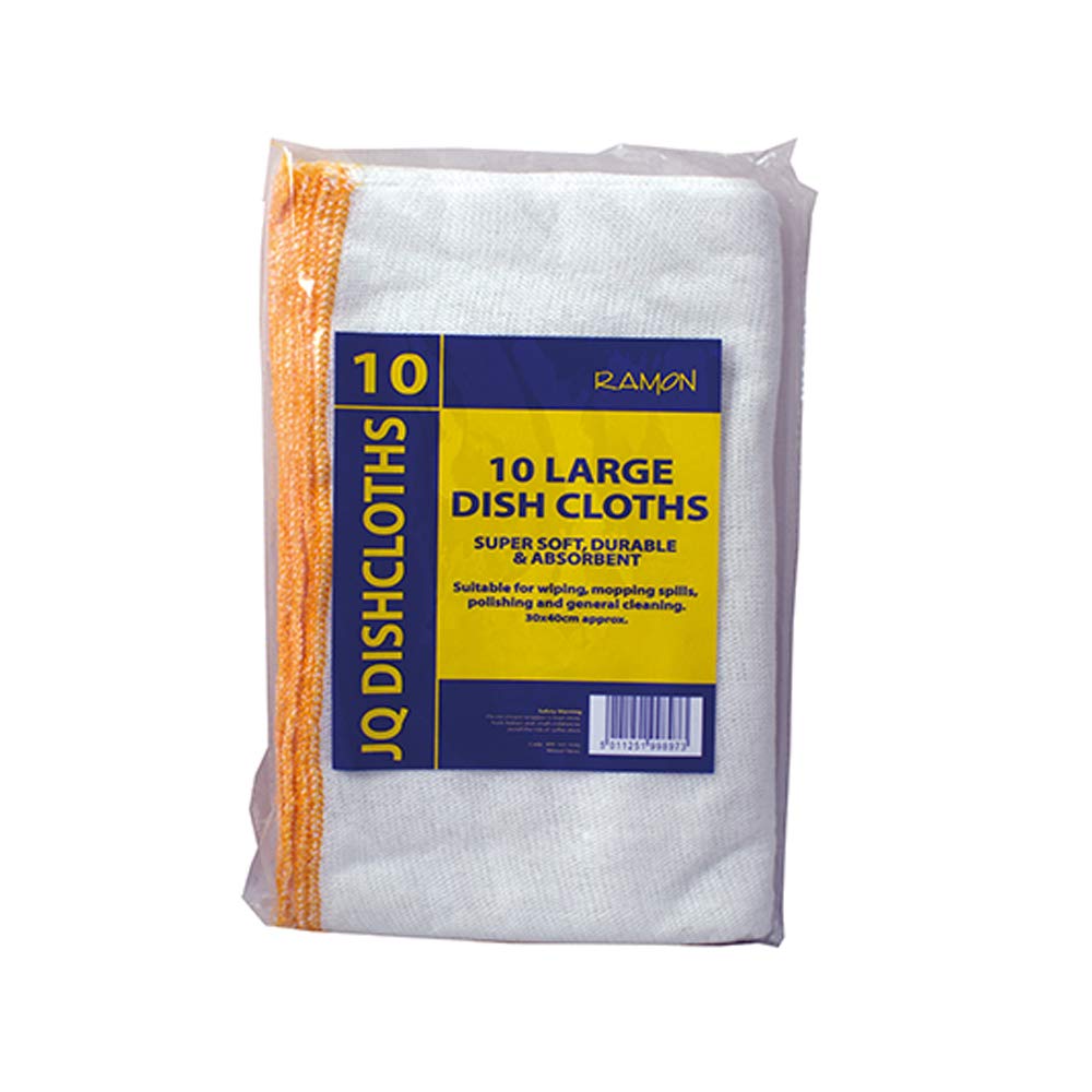 Ramon Hygiene 10 Large White Dishcloths, Yellow Overlock, 30 x 40 cm, Durable, Super Absorbent, Machine Washable, General Soft Cleaning Cloths โ image 1