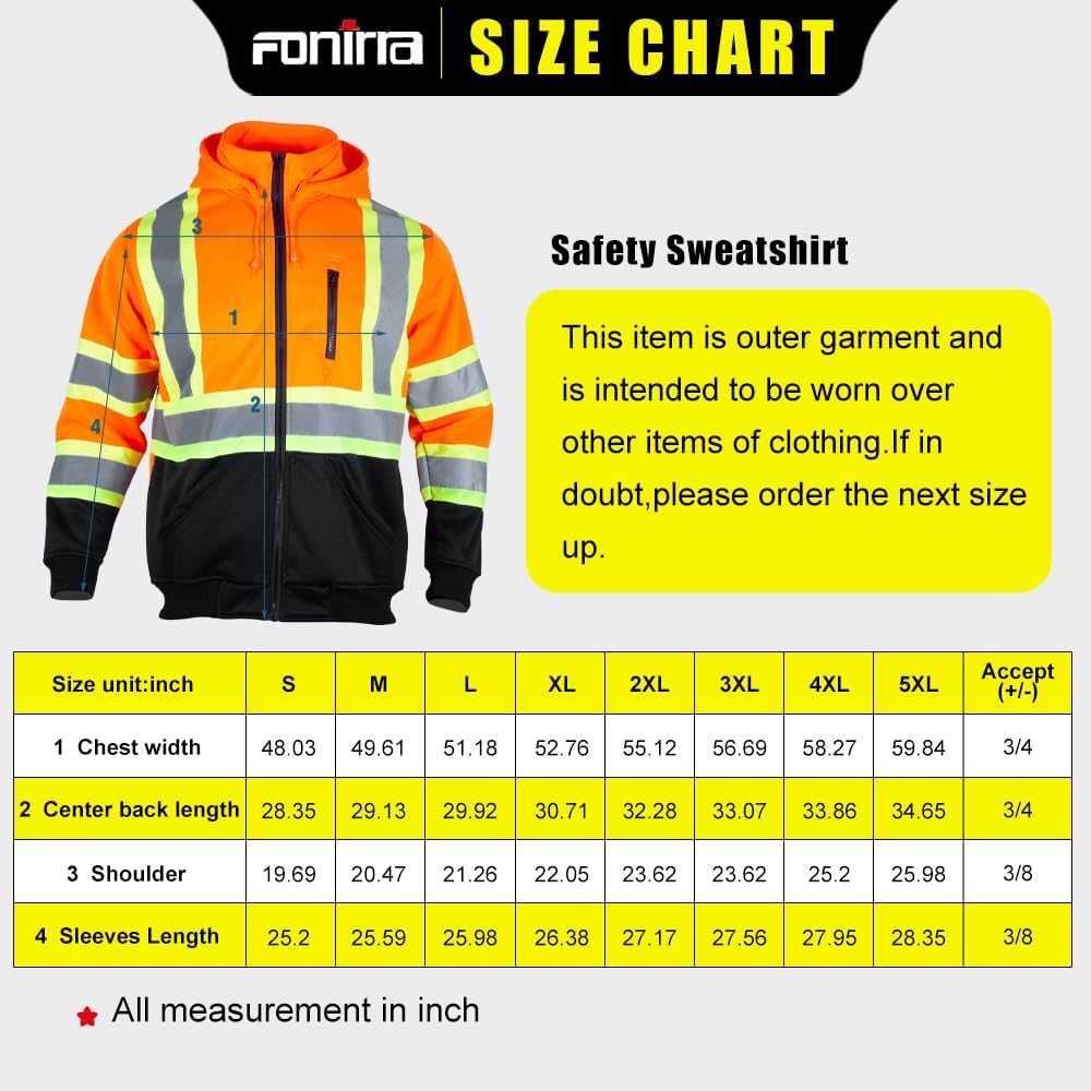 FONIRRA Hi Vis Safety Fleece Zip Hoodie for Men Reflective Sweatshirts ANSI Class 3 Jackets Detachable Hood (Orange,2XL) - Image 7