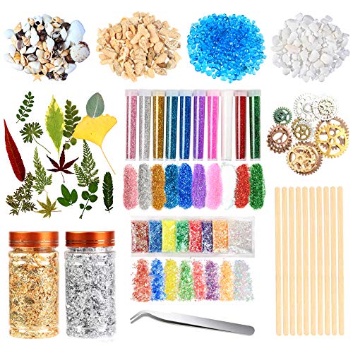 Resin Glitter and Accessories Decoration Kit, Resin Jewelry Making Kit with Resin Glitter Flakes, Gold Foil Flakes, Dried Flowers, Shells, Glass Stone, Coral Stone Etc.