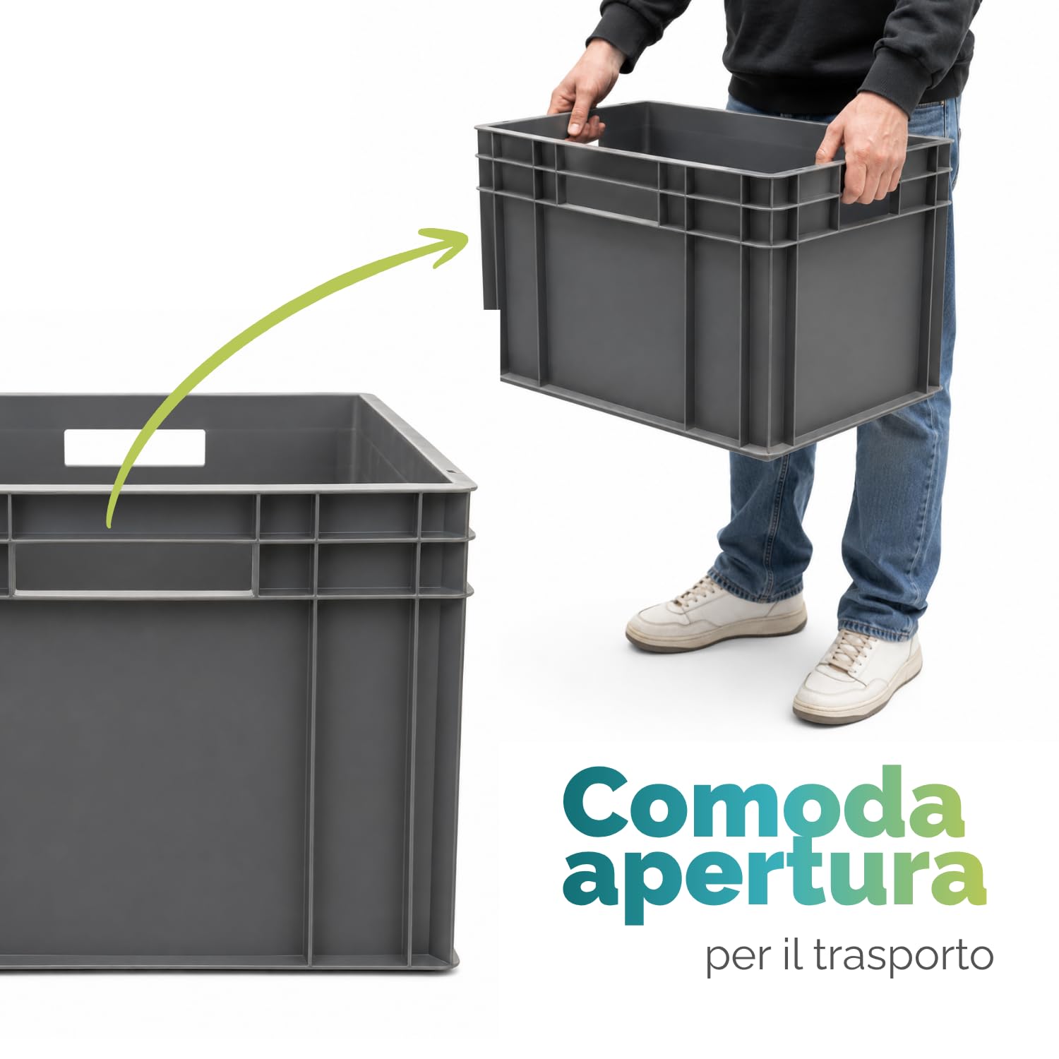 PALUPLUS 3 Cassette Multiuso con Maniglie in Plastica, Misura 60x40x32 cm, Contenitore Eurobox per Stoccaggio, Box Sovrapponibile per Garage, Aziende, Magazzini, Made in Italy -8222C -6,3