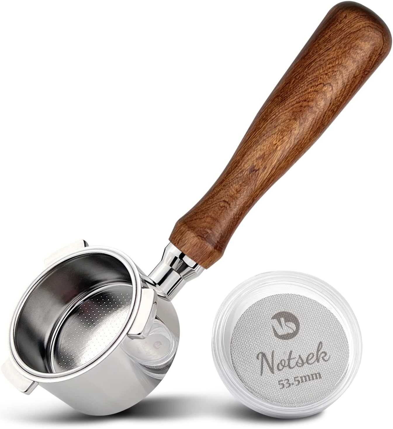 NOTSEK 54mm Bottomless Portafilter with Puck Screen for Sage Breville 8 Series, Stainless Steel Filter Basket, Solid Wood Handle