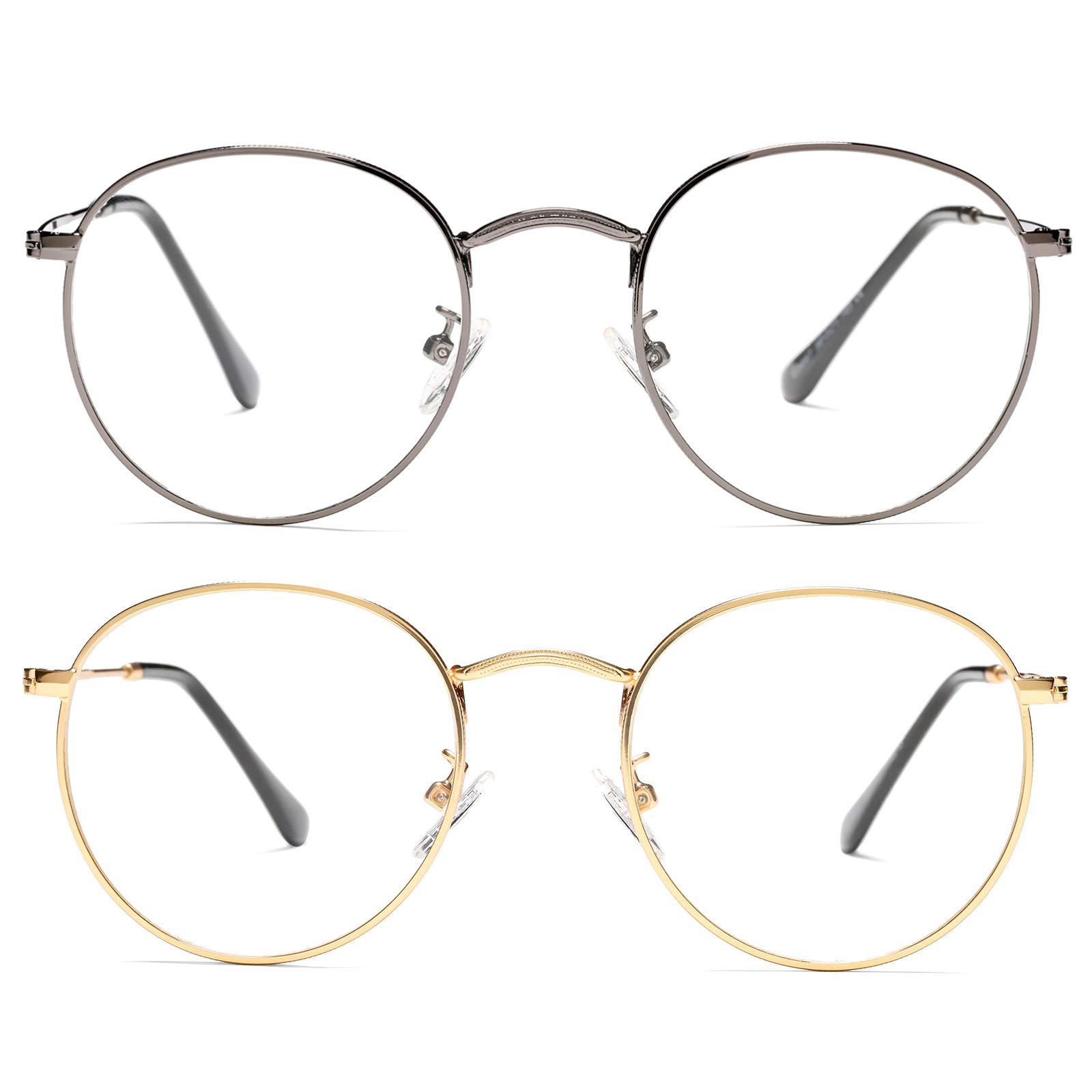 Braylenz Vintage Round Metal Glasses Frame with Clear Lens, 2 Pack