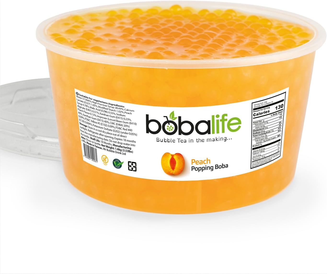 Bobalife Peach Flavoured Popping Boba 32 Servings (1.6kg), Fruit Juice Filled Boba Pearls for Bubble Tea, Iced Drinks, Desserts, Cocktails & Slush | Low Fat, Gluten-Free & Vegan